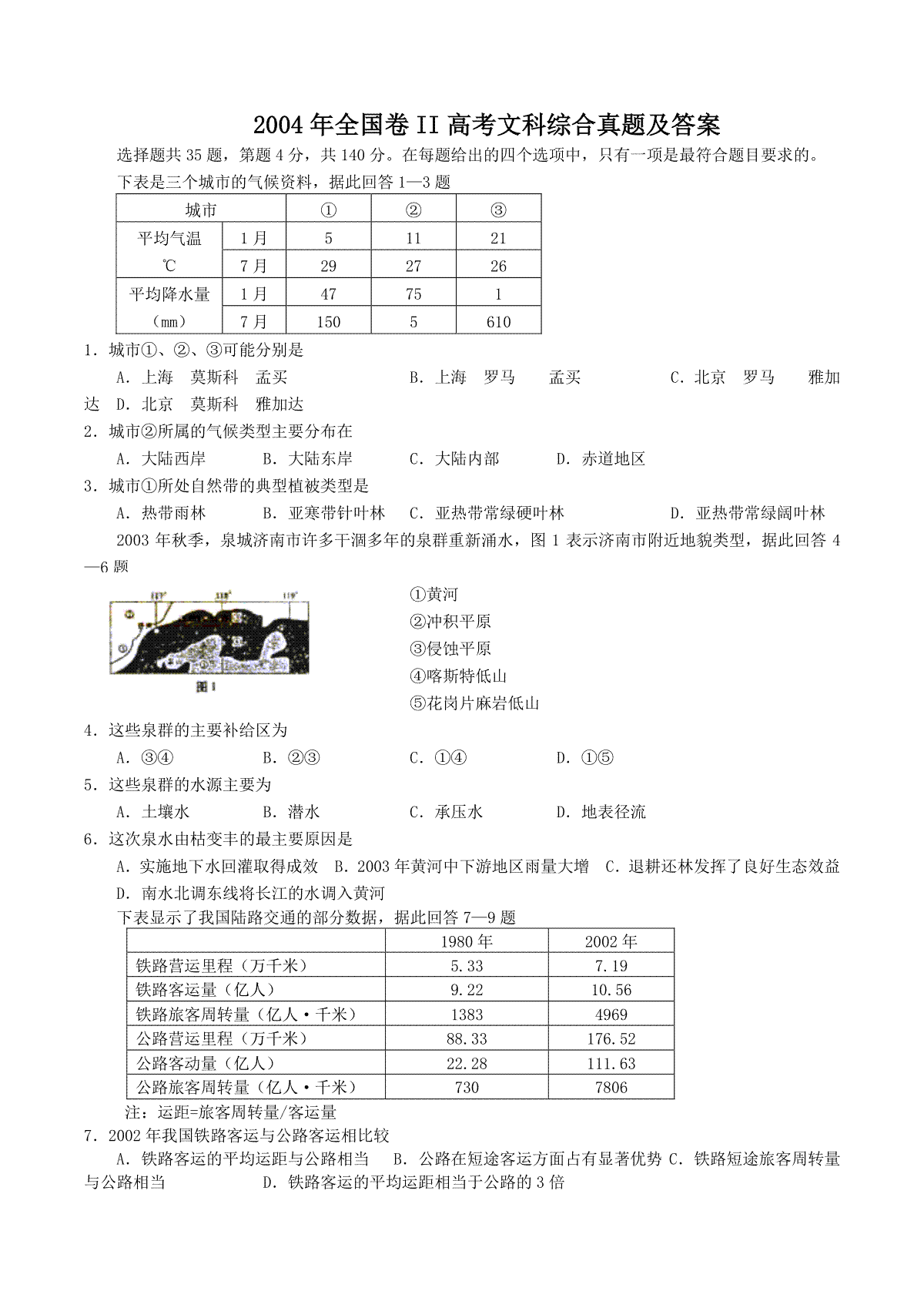 2004年全国卷II高考文科综合真题及答案