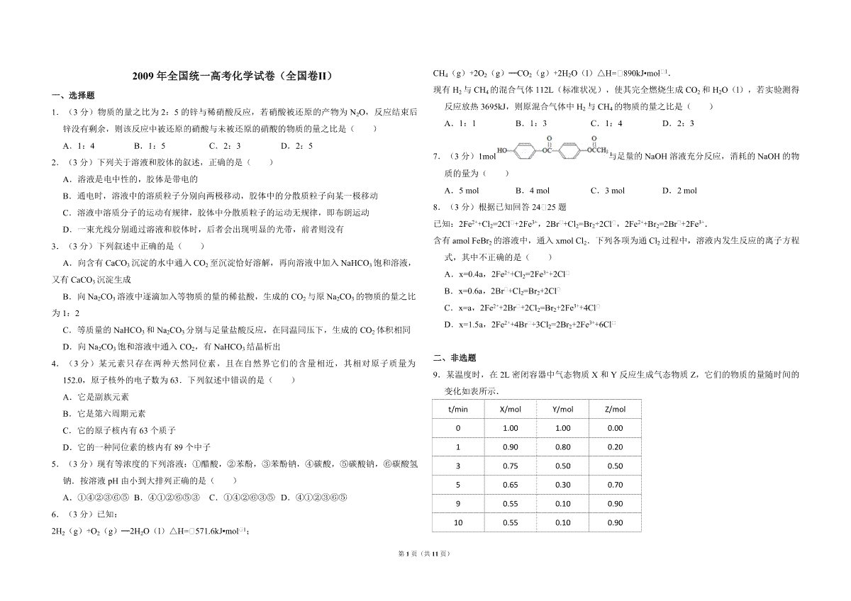 2009年全国统一高考化学试卷（全国卷ⅱ）（含解析版）