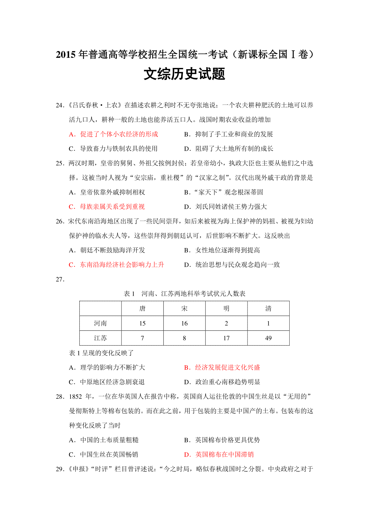 2015年普通高等学校招生全国统一考试【湖南历史真题+答案】