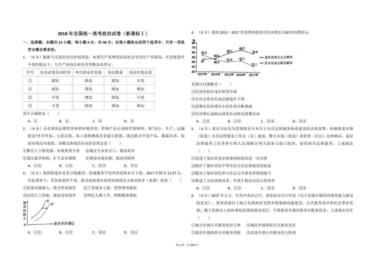 2018年全国统一高考政治试卷（新课标ⅰ）（含解析版）