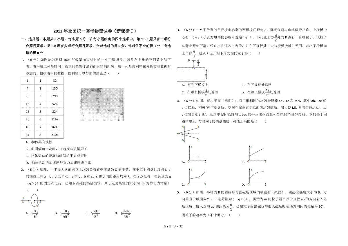 2013年全国统一高考物理试卷（新课标ⅰ）（原卷版）
