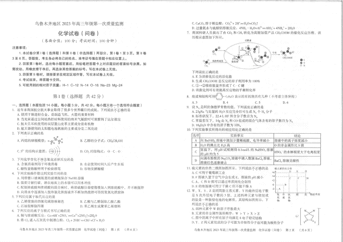 2023届新疆乌鲁木齐地区高三第一次质量监测化学试题
