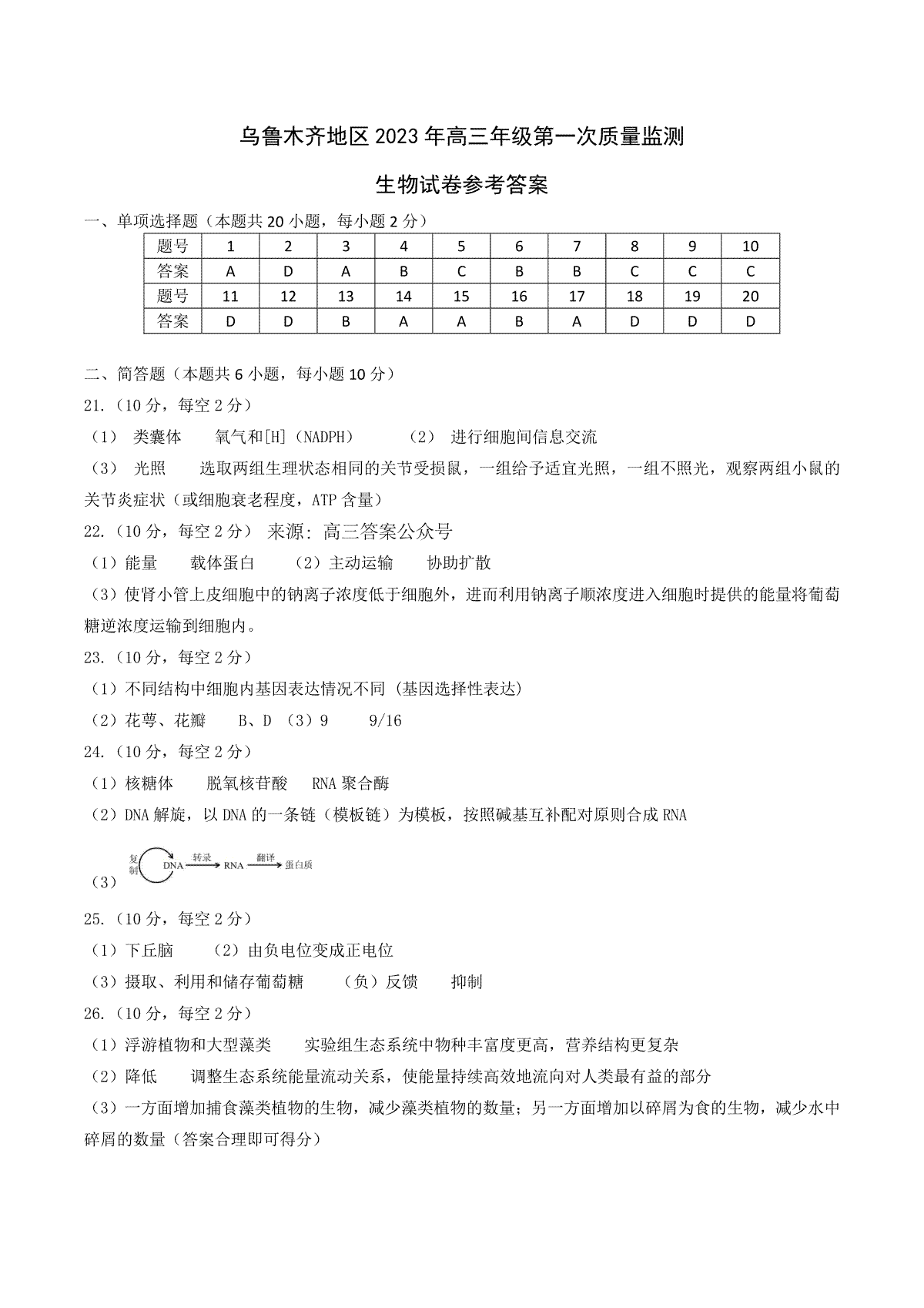 2023届新疆乌鲁木齐地区高三第一次质量监测生物答案
