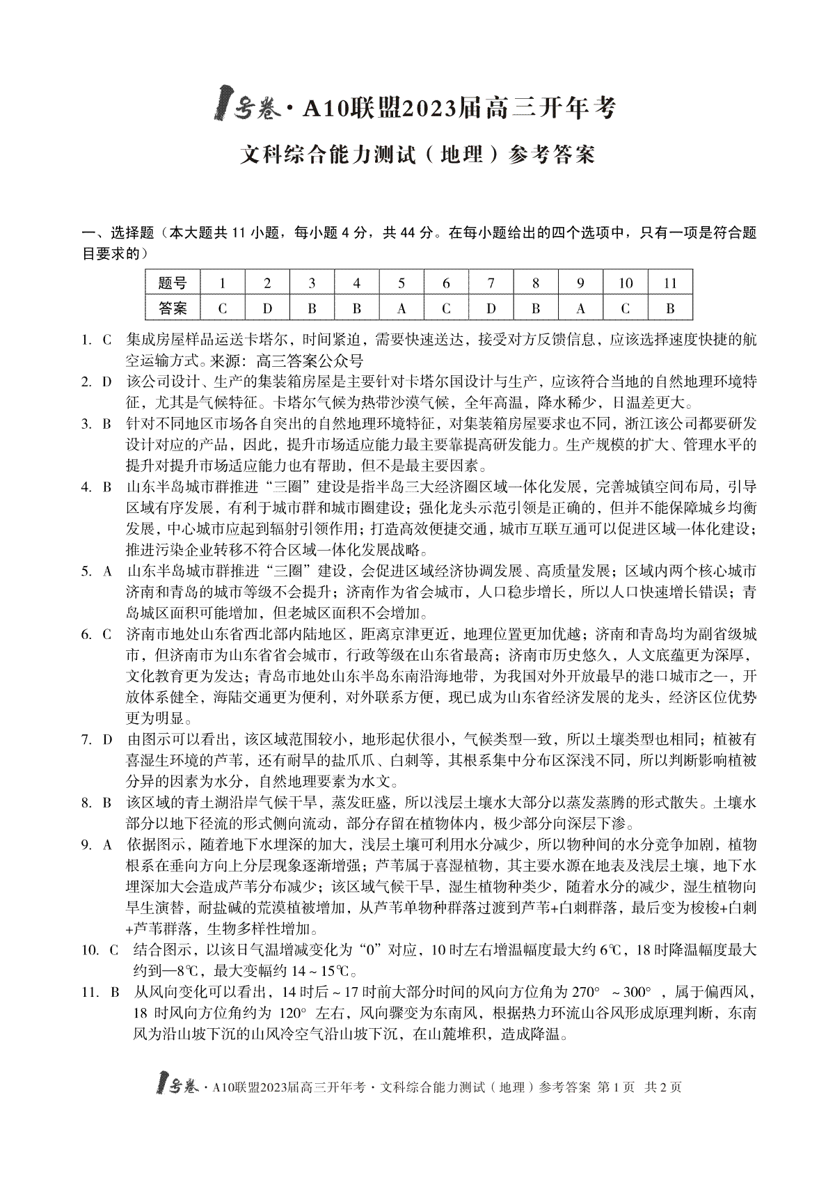 1号卷·A10联盟2022届高三开年考地理参考答案