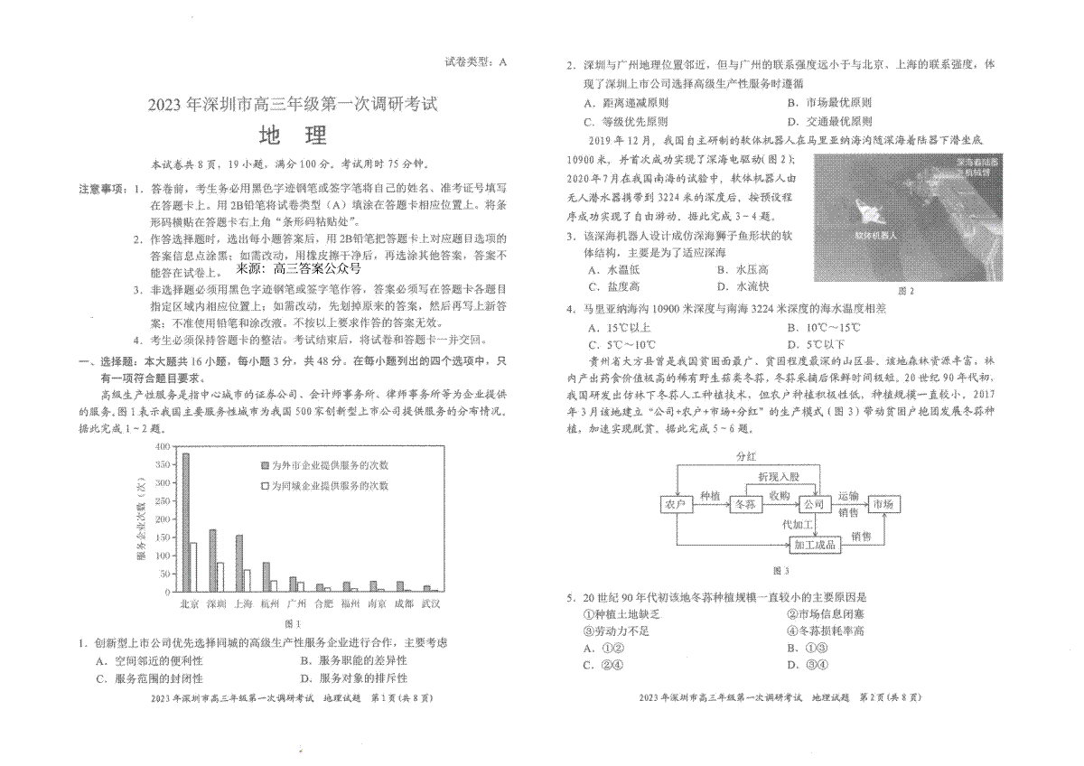 2023 年深圳市高三年级第一次调研考试 2023年2月深圳一模地理试卷