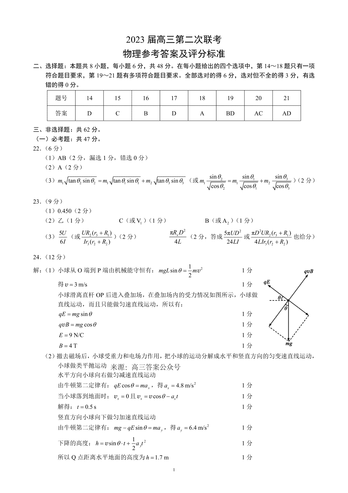 2023年2月蓉城名校联盟高三第二次联考物理答案