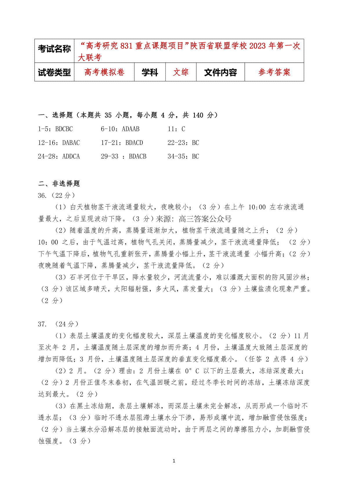 陕西省联盟学校2023年第一次大联盟文综试题答案