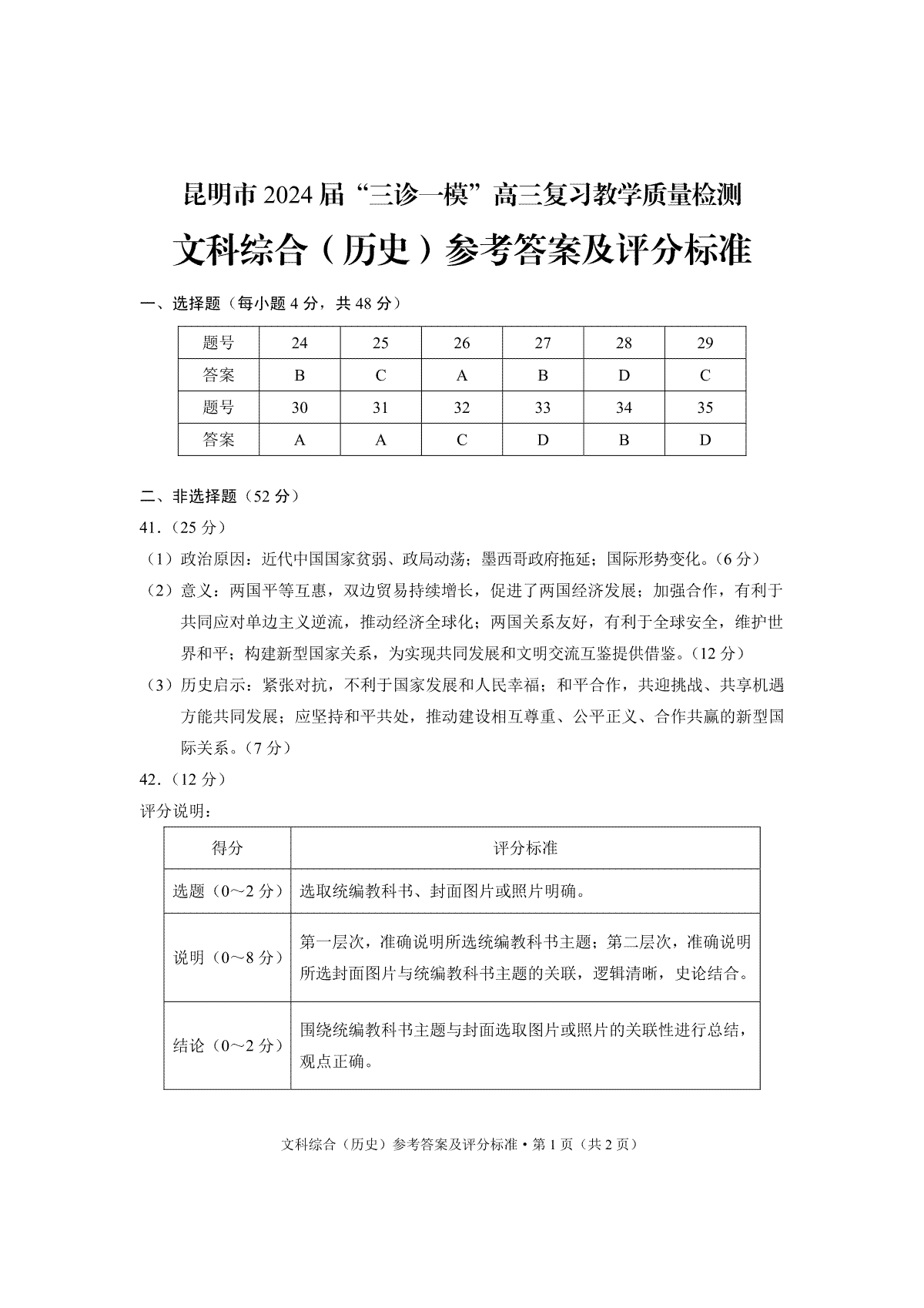 2024届云南省昆明市高三下学期“三诊一模”教学质量检测（二模）历史参考答案lmh