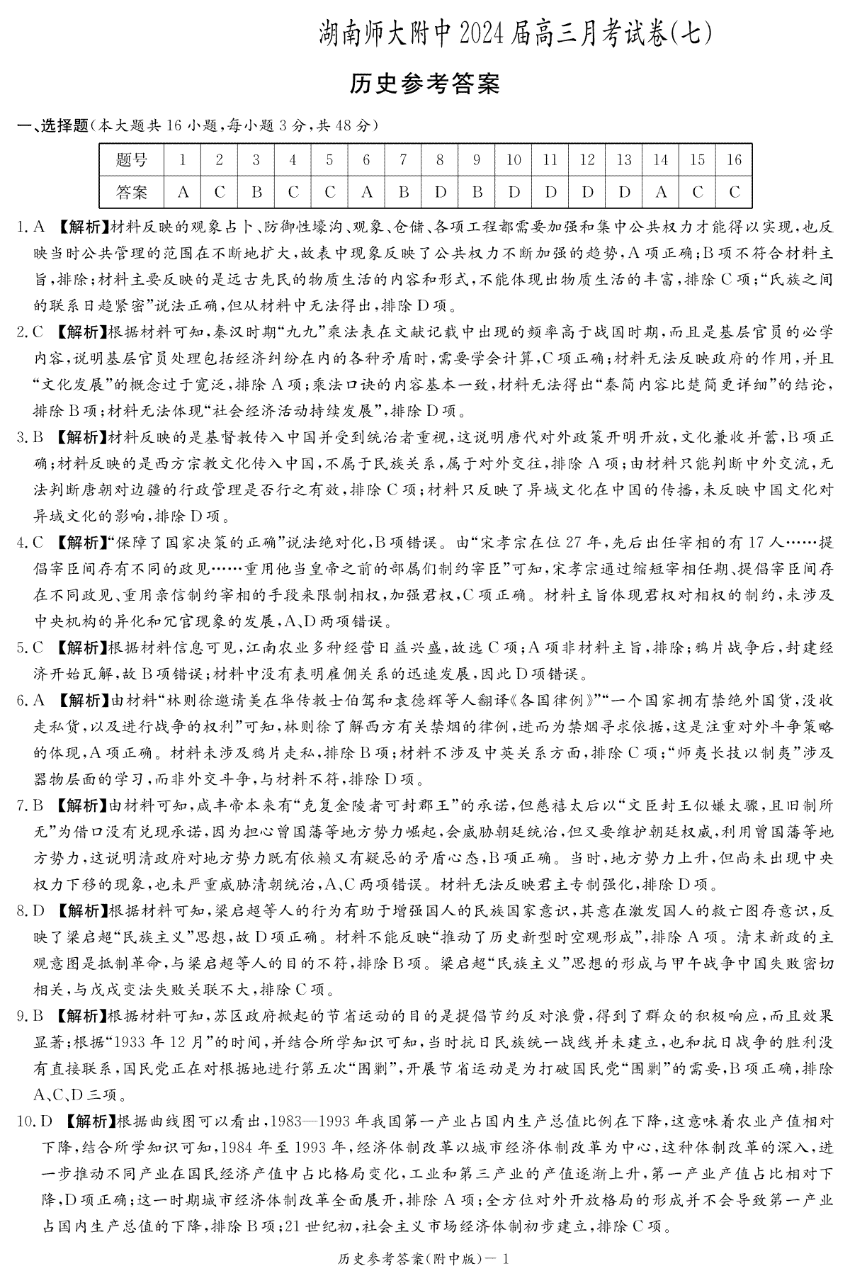 湖南省师范大学附属中学2023-2024学年高三月考（七）历史答案（附中七次）