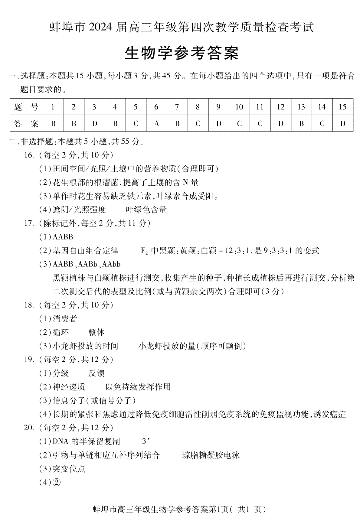 2024届安徽省蚌埠市高三第四次教学质量检查生物试卷答案