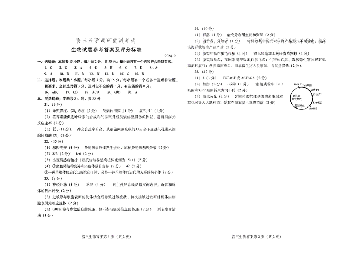 山东省潍坊市2025届高三开学调研监测考试生物答案