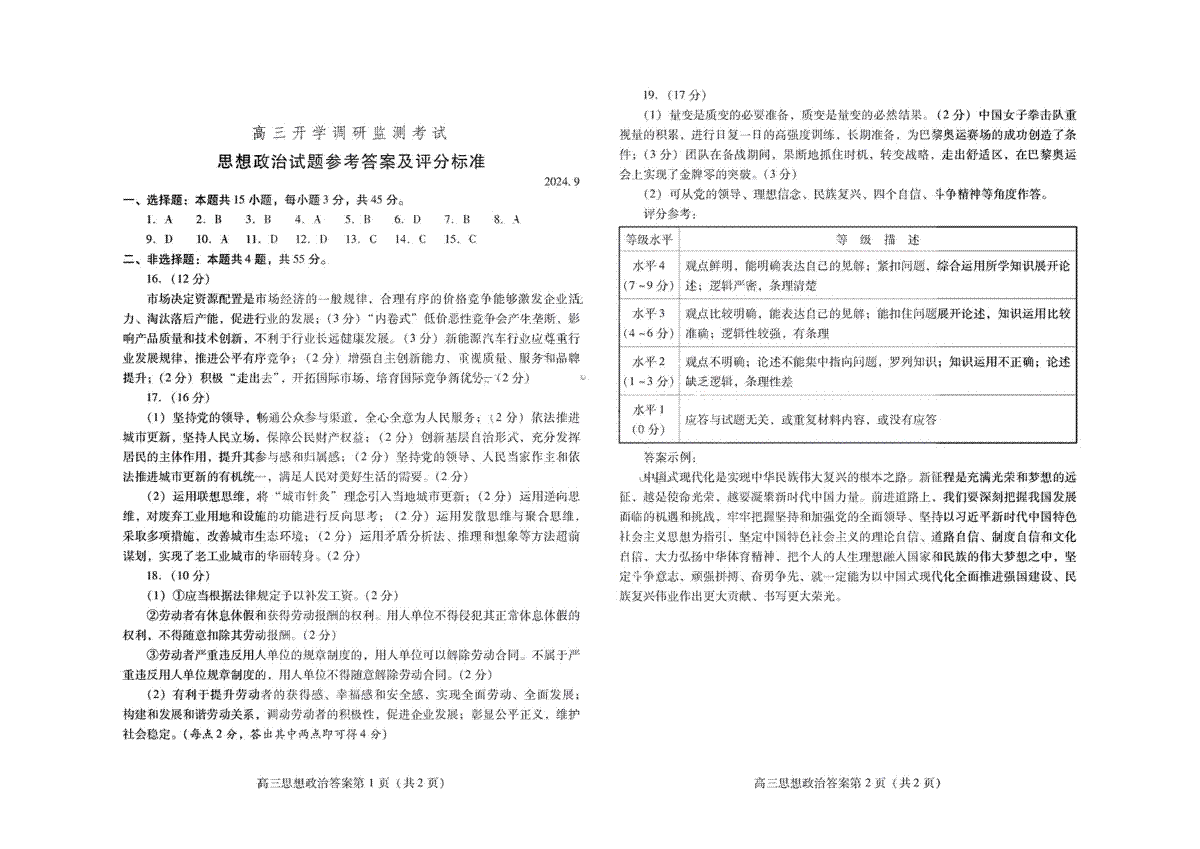山东省潍坊市2025届高三开学调研监测考试政治答案