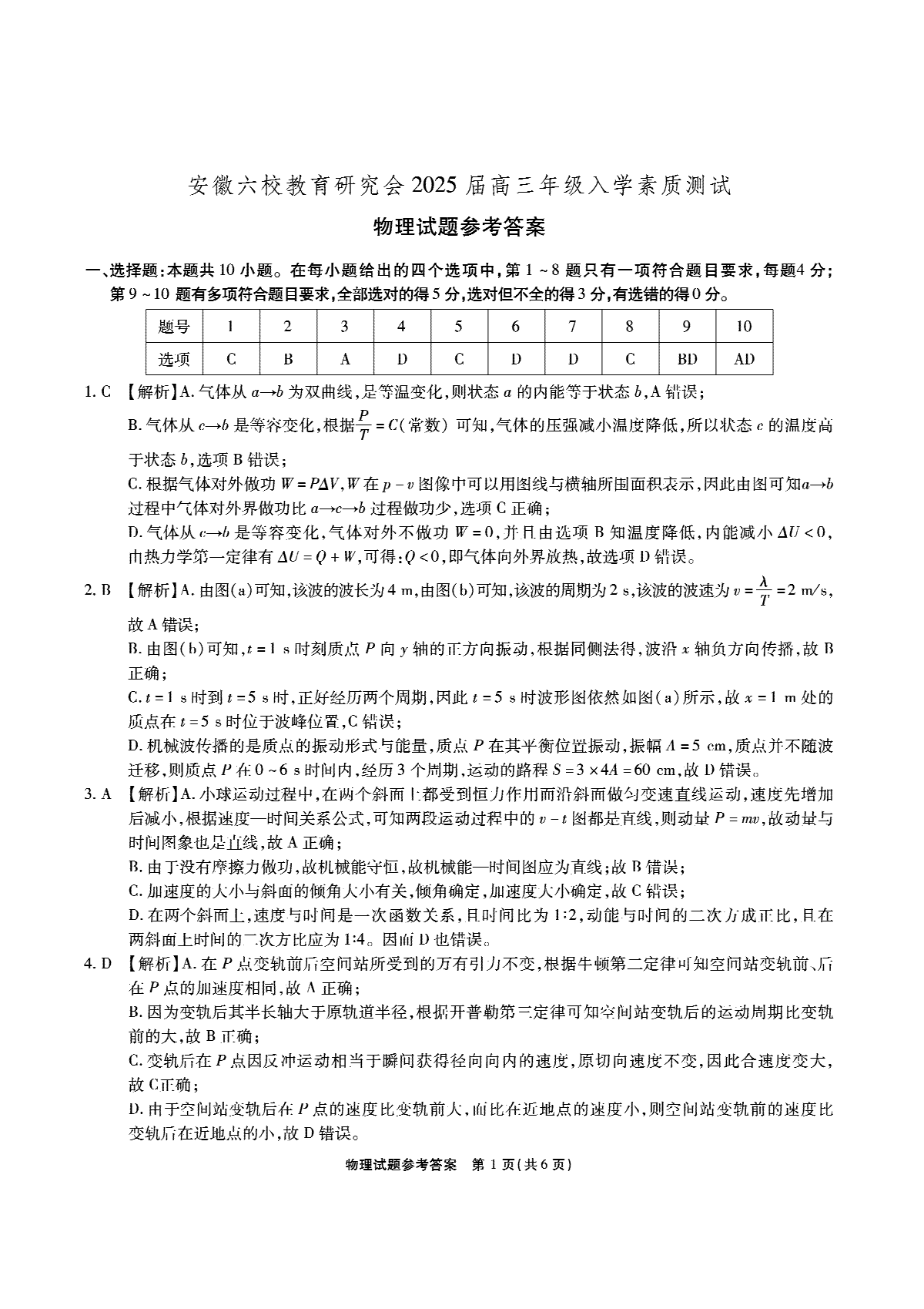 安徽省安徽六校教育研究会2025届高三年级入学素质测试（开学联考高三物理答案