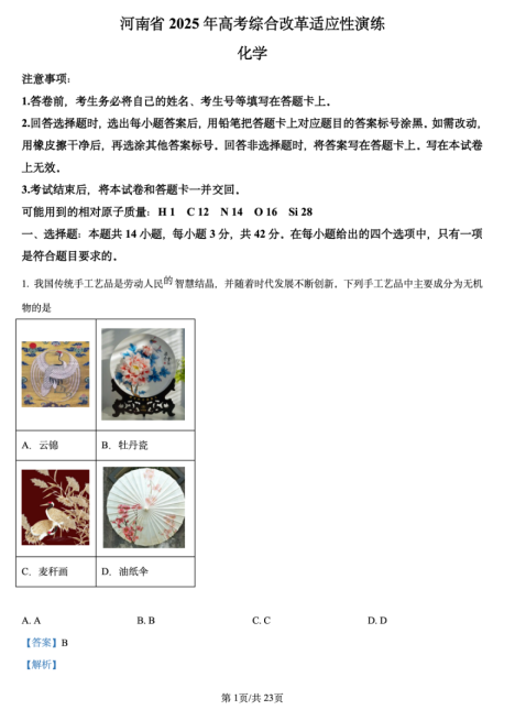 2025河南新高考八省联考适应性演练化学试题及答案解析