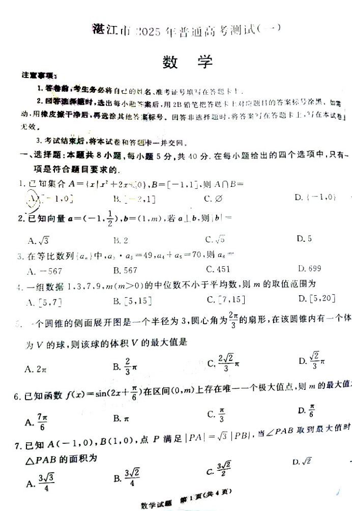 2025届广东湛江一模数学试题及答案参考
